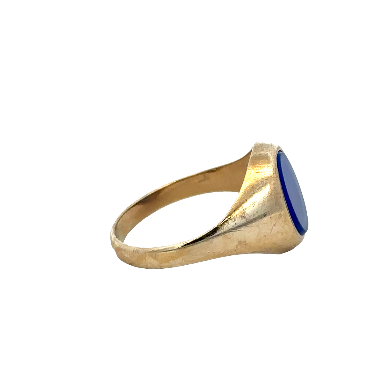 9ct yellow gold signet ring with engraved face, size X1/2, Reeves and Sons jewelry, shown from a side angle