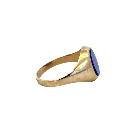 9ct yellow gold signet ring with engraved face, size X1/2, Reeves and Sons jewelry, shown from a side angle