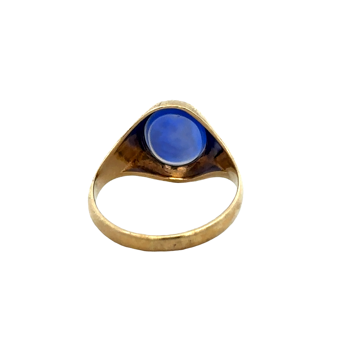 9ct yellow gold signet ring in size X1/2 by Reeves and Sons, detailed close-up of the ring's polished surface and design.