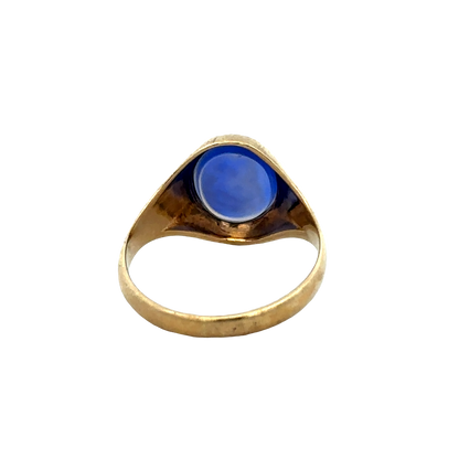 9ct yellow gold signet ring in size X1/2 by Reeves and Sons, detailed close-up of the ring's polished surface and design.