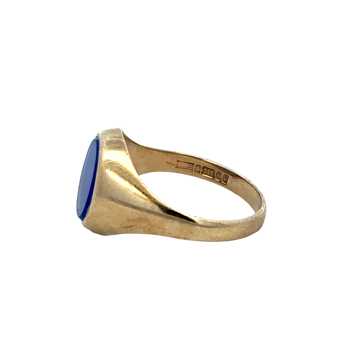 9ct yellow gold signet ring in size X1/2 by Reeves and Sons, featuring a polished smooth surface and classic design.