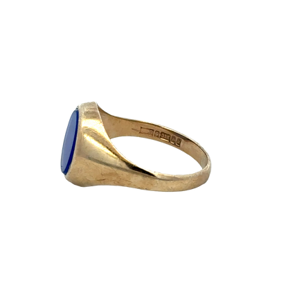 9ct yellow gold signet ring in size X1/2 by Reeves and Sons, featuring a polished smooth surface and classic design.