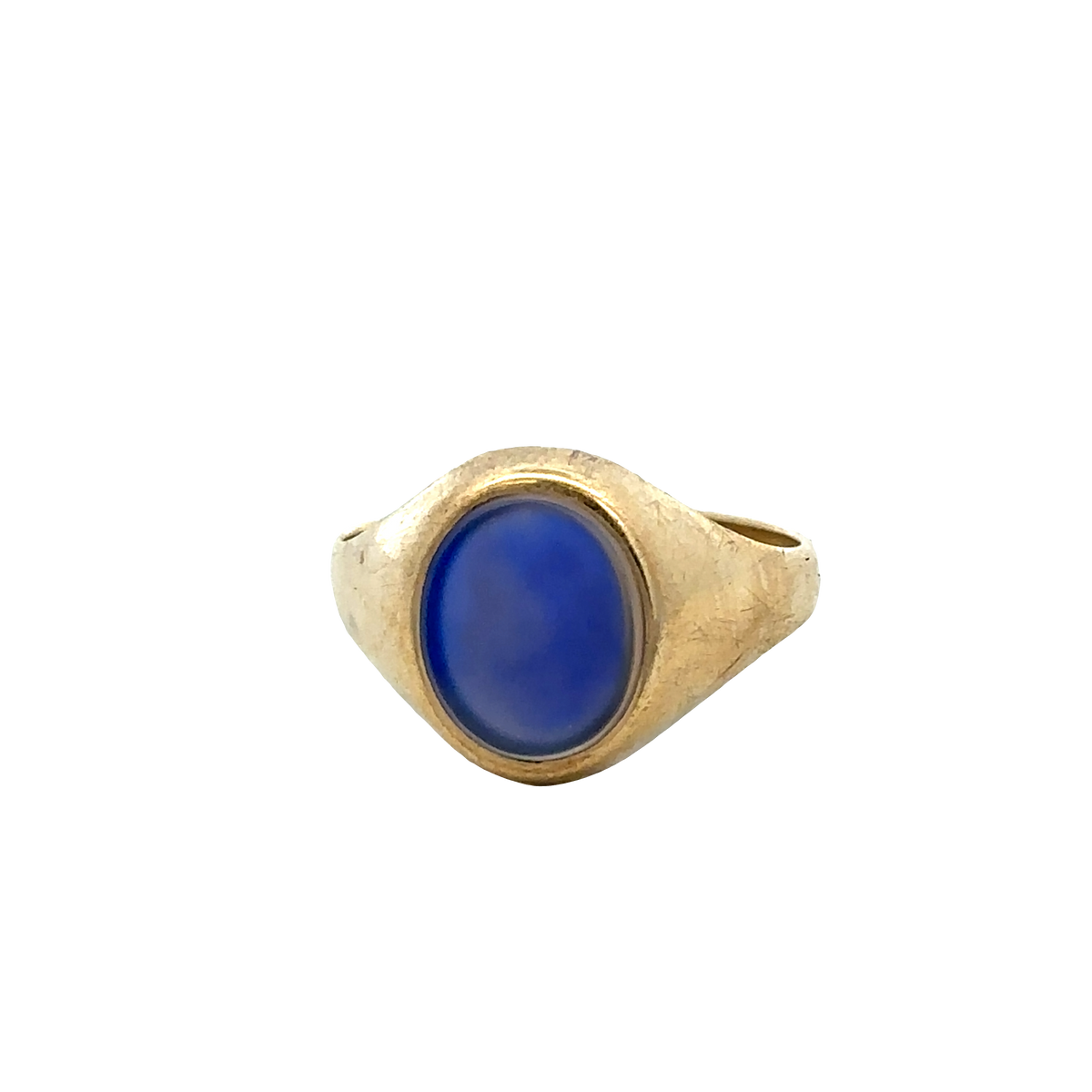 9ct yellow gold signet ring in size X1/2 with engraved surface, crafted by Reeves and Sons, shown on a plain background.