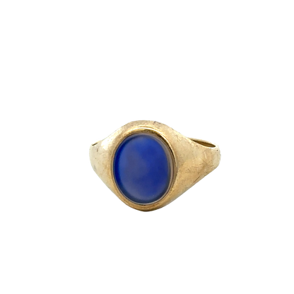 9ct yellow gold signet ring in size X1/2 with engraved surface, crafted by Reeves and Sons, shown on a plain background.