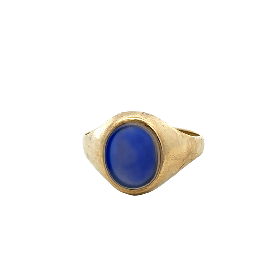 9ct yellow gold signet ring in size X1/2 with engraved surface, crafted by Reeves and Sons, shown on a plain background.