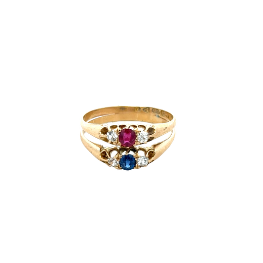 18ct yellow gold diamond, ruby, and sapphire ring in size M, featuring intricate gemstone detailing by Reeves and Sons.