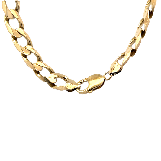 9ct yellow gold curb bracelet with a polished finish, weighing 36.9g, featuring interlocking links, by Reeves and Sons.