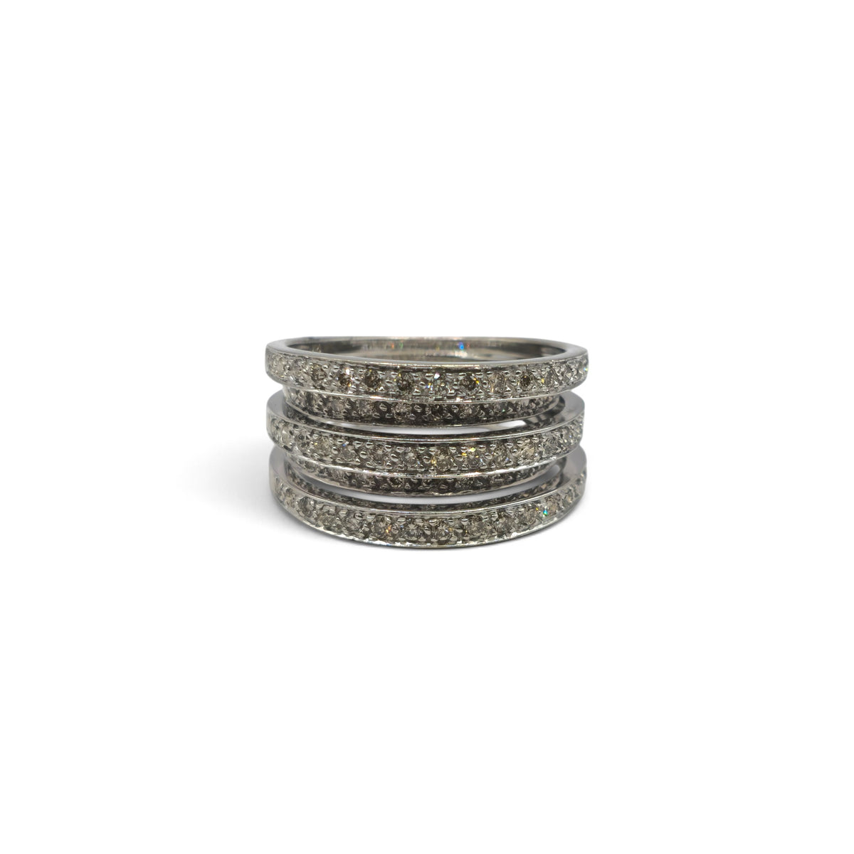 9ct white gold five-row diamond ring by Reeves and Sons, showcasing sparkling diamonds and intricate band design.