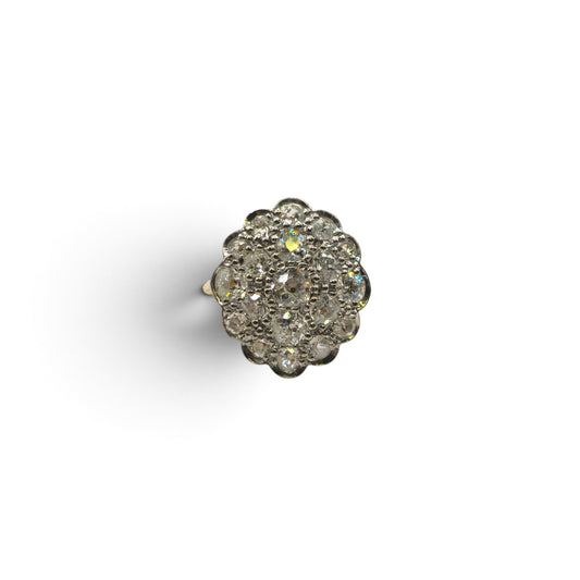 18ct yellow gold diamond cluster ring by Reeves and Sons, showcasing a sparkling diamond cluster design.