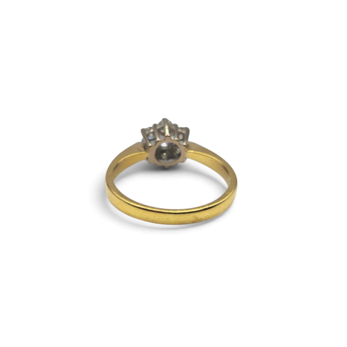 18ct yellow gold diamond cluster ring by Reeves and Sons, showcasing a sparkling diamond cluster design.