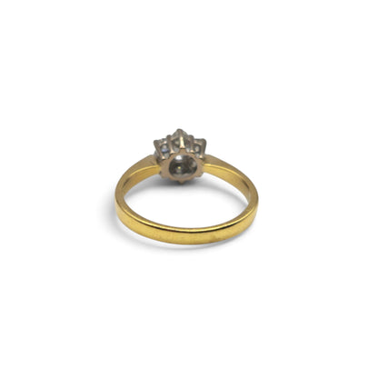 18ct yellow gold diamond cluster ring by Reeves and Sons, showcasing a sparkling diamond cluster design.