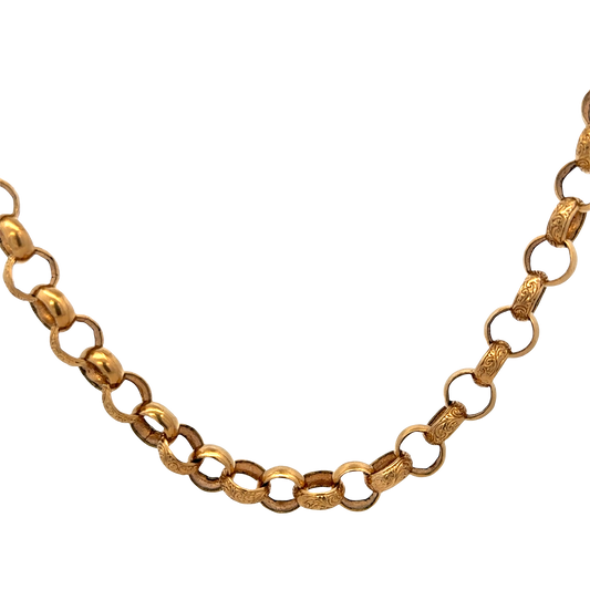 9ct yellow gold belcher chain by Reeves and Sons, 89.5g, shown on a plain background