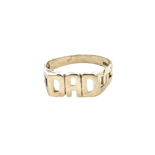 9ct yellow gold DAD ring, size X, Reeves and Sons, featuring a polished band with engraved lettering, on a white background.