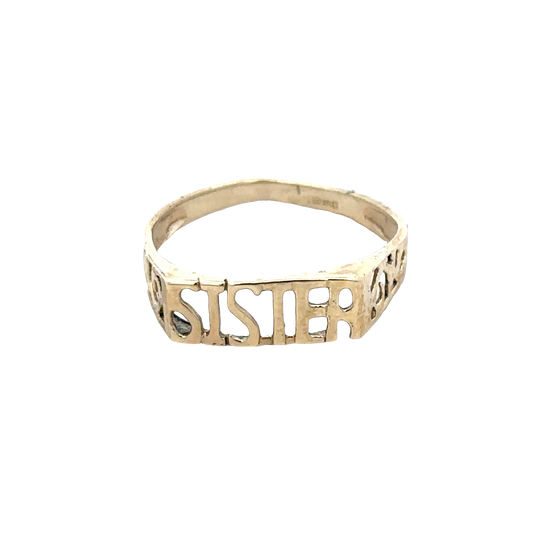 9ct yellow gold SISTER ring in size Q with engraved lettering, crafted by Reeves and Sons, displayed on a plain background.