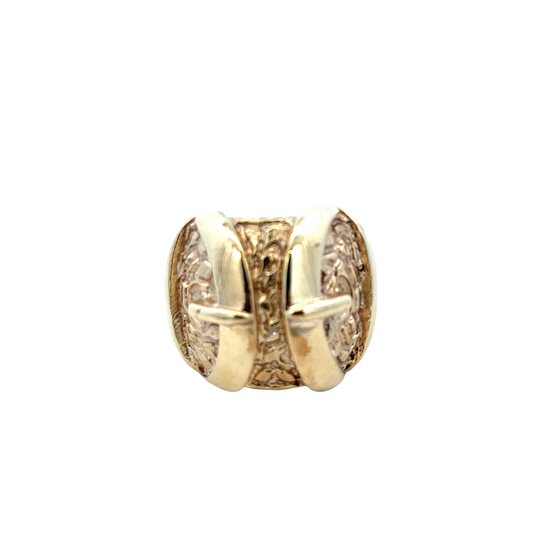 9ct yellow gold buckle ring by Reeves and Sons, featuring a polished gold band with a decorative buckle design.