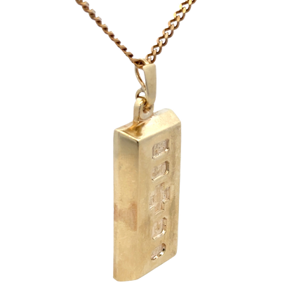 9ct yellow gold ingot pendant by Reeves and Sons, weight 34.2g, featuring a polished gold ingot shape.