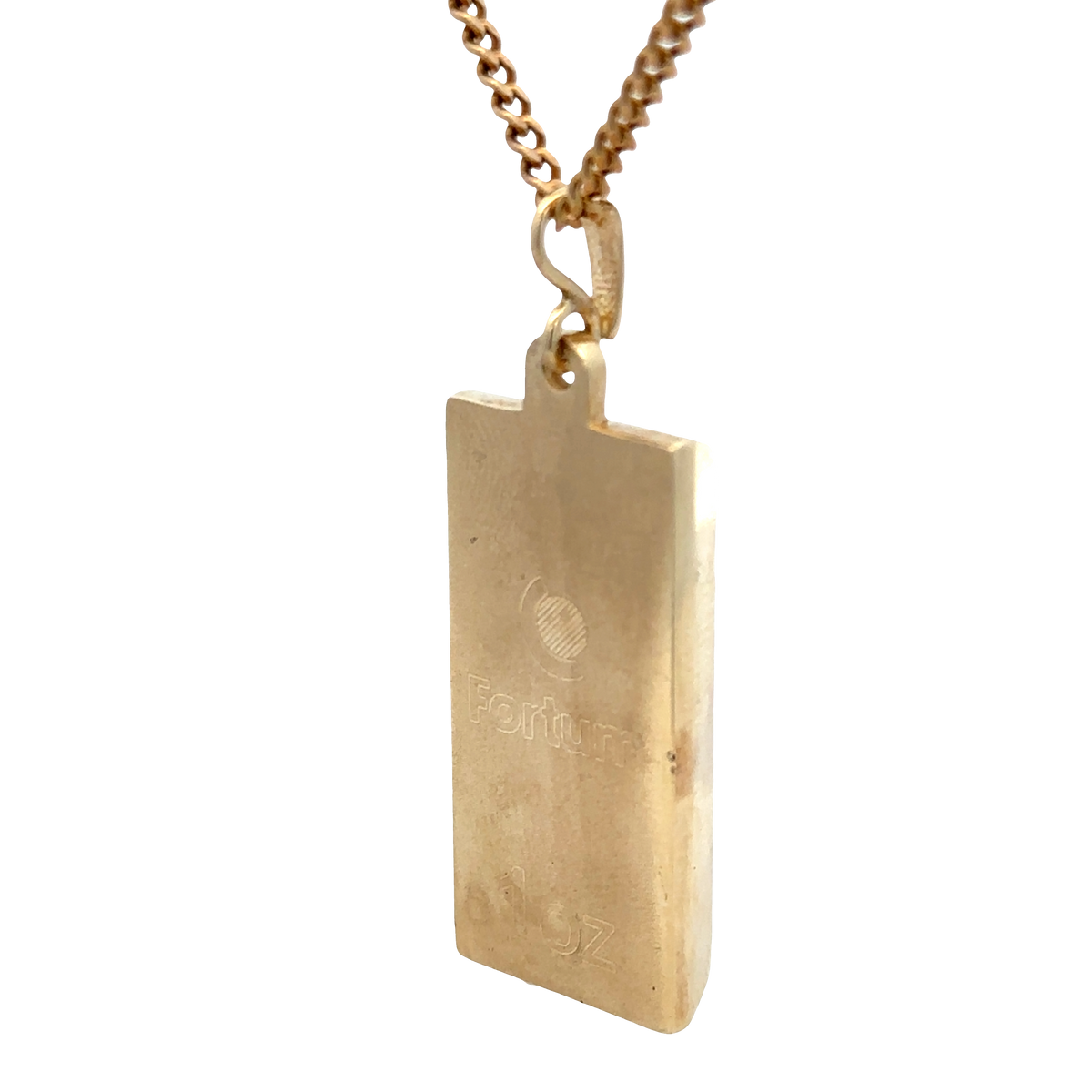 9ct yellow gold ingot pendant with Reeves and Sons branding, showcasing a shiny gold bar weighing 34.2g.
