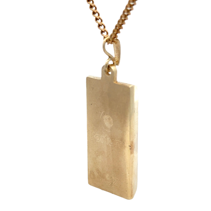 9ct yellow gold ingot pendant with Reeves and Sons branding, showcasing a shiny gold bar weighing 34.2g.