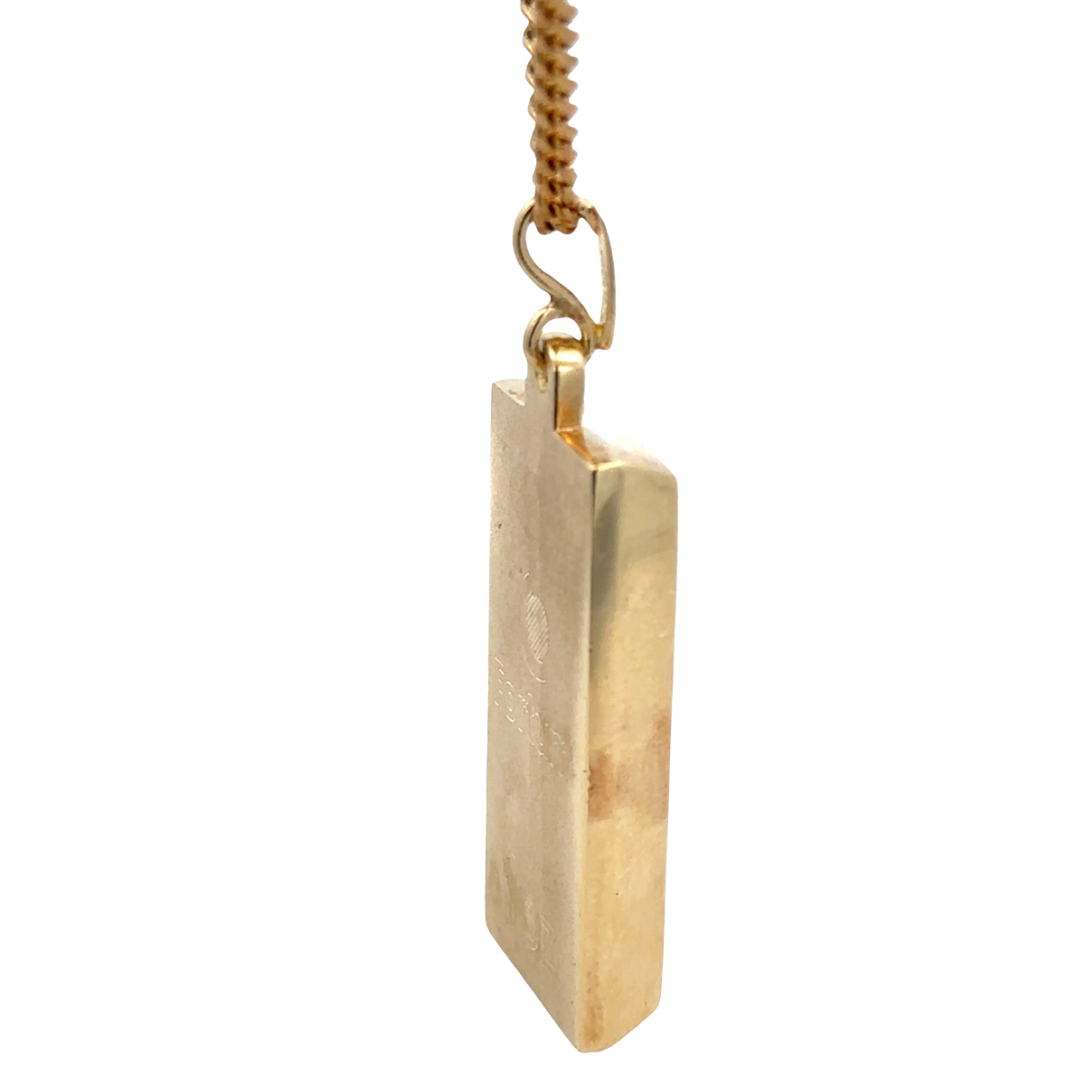 9ct yellow gold ingot pendant by Reeves and Sons, 34.2g, featuring a polished gold ingot design on a chain.