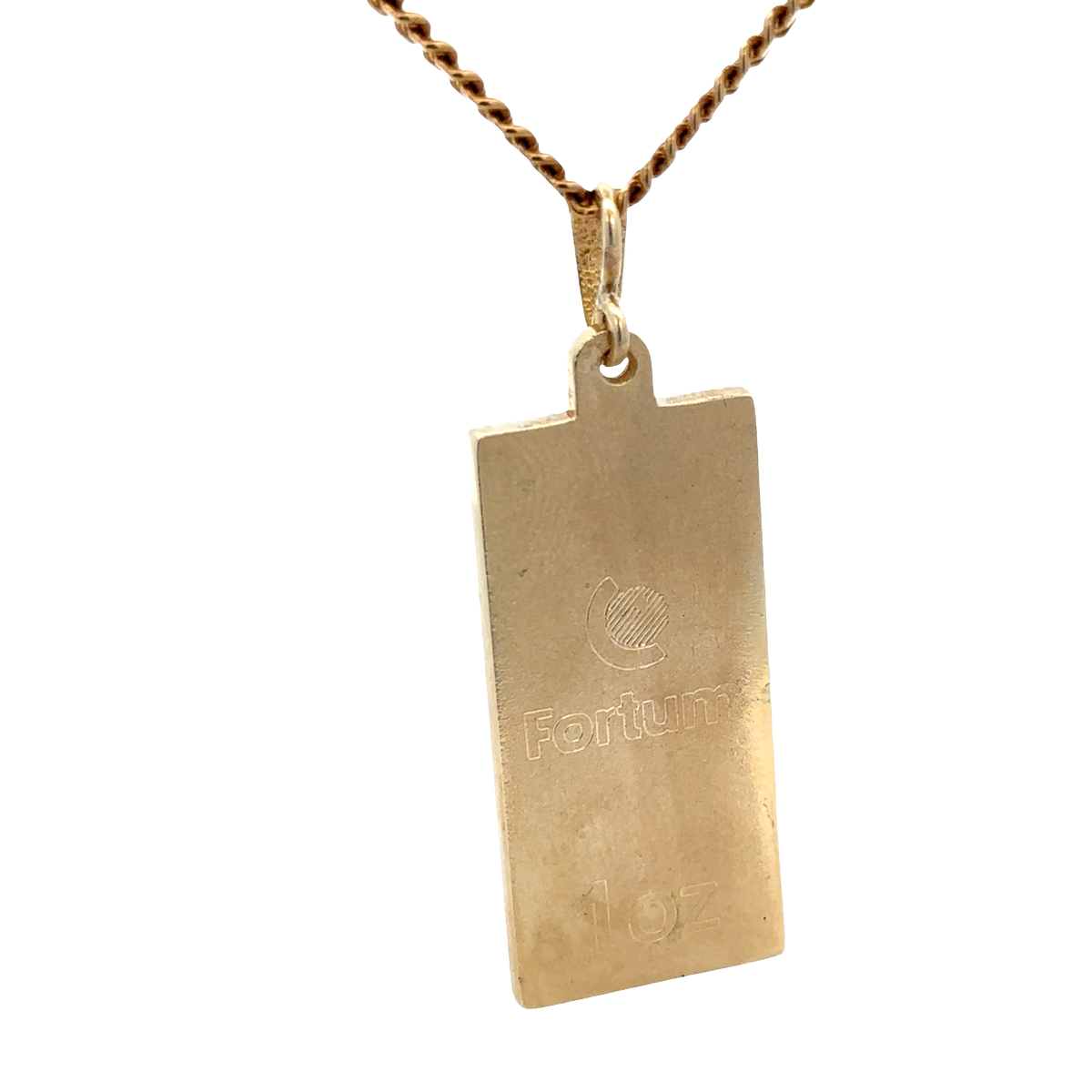 9ct yellow gold ingot pendant weighing 34.2g with Reeves and Sons branding, displayed against a plain background.
