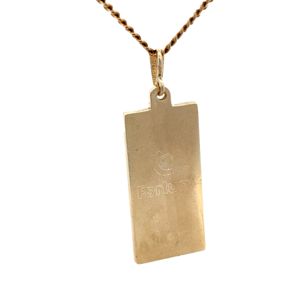 9ct yellow gold ingot pendant weighing 34.2g with Reeves and Sons branding, displayed against a plain background.