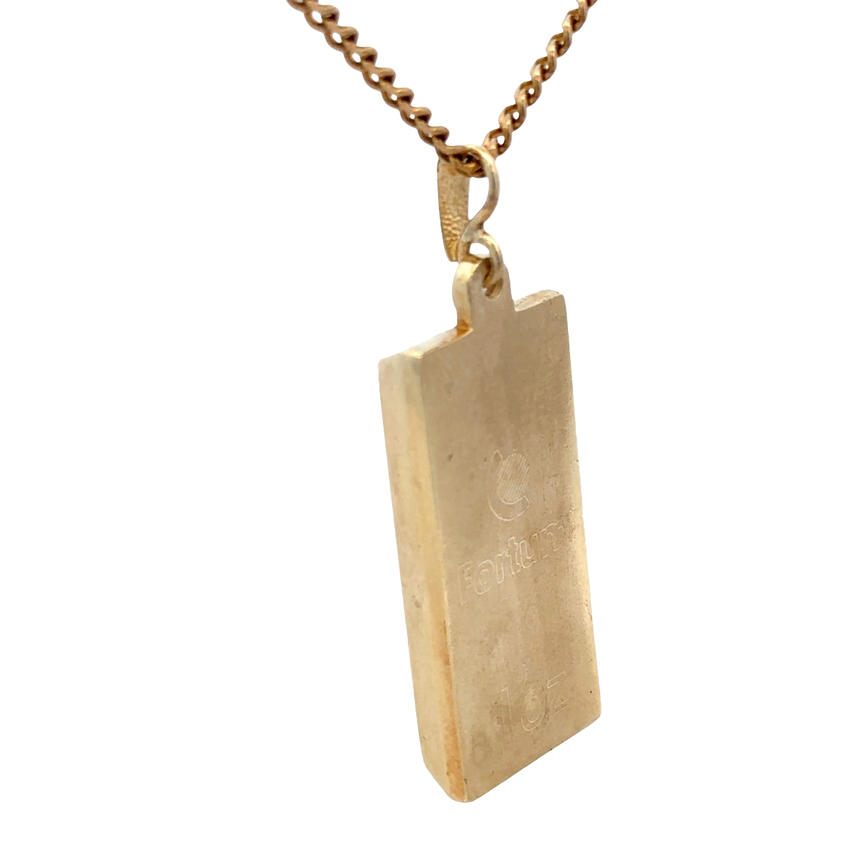 9ct yellow gold ingot pendant weighing 34.2g, crafted by Reeves and Sons, featuring a shiny gold ingot design.