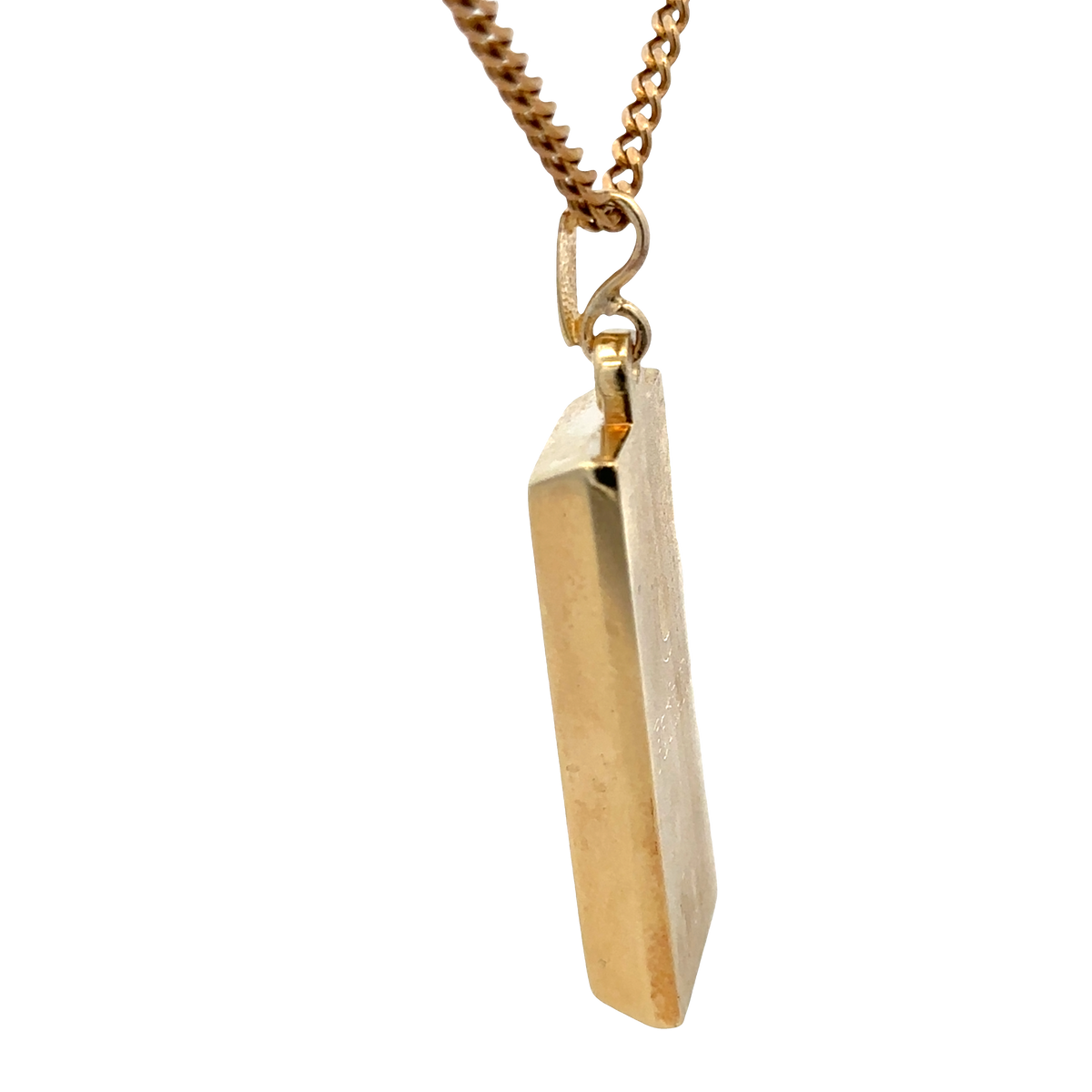 9ct yellow gold ingot pendant weighing 34.2g, Reeves and Sons jewelry with detailed gold ingot design and polished finish.