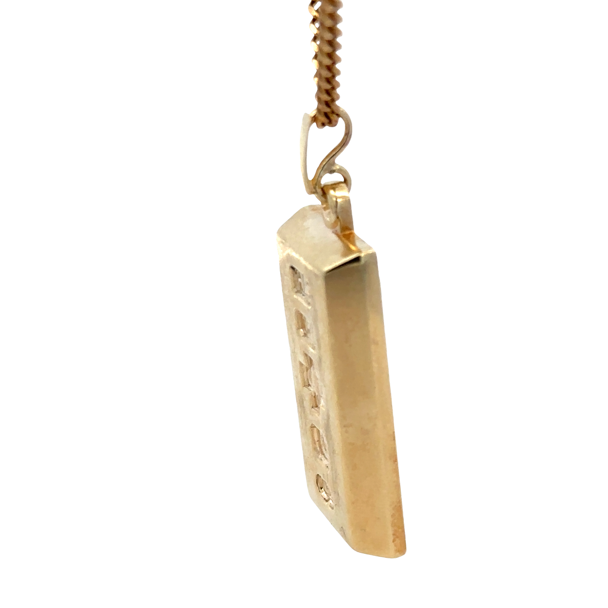 9ct yellow gold ingot pendant by Reeves and Sons, 34.2g, showcasing a polished gold bar with engraved details.