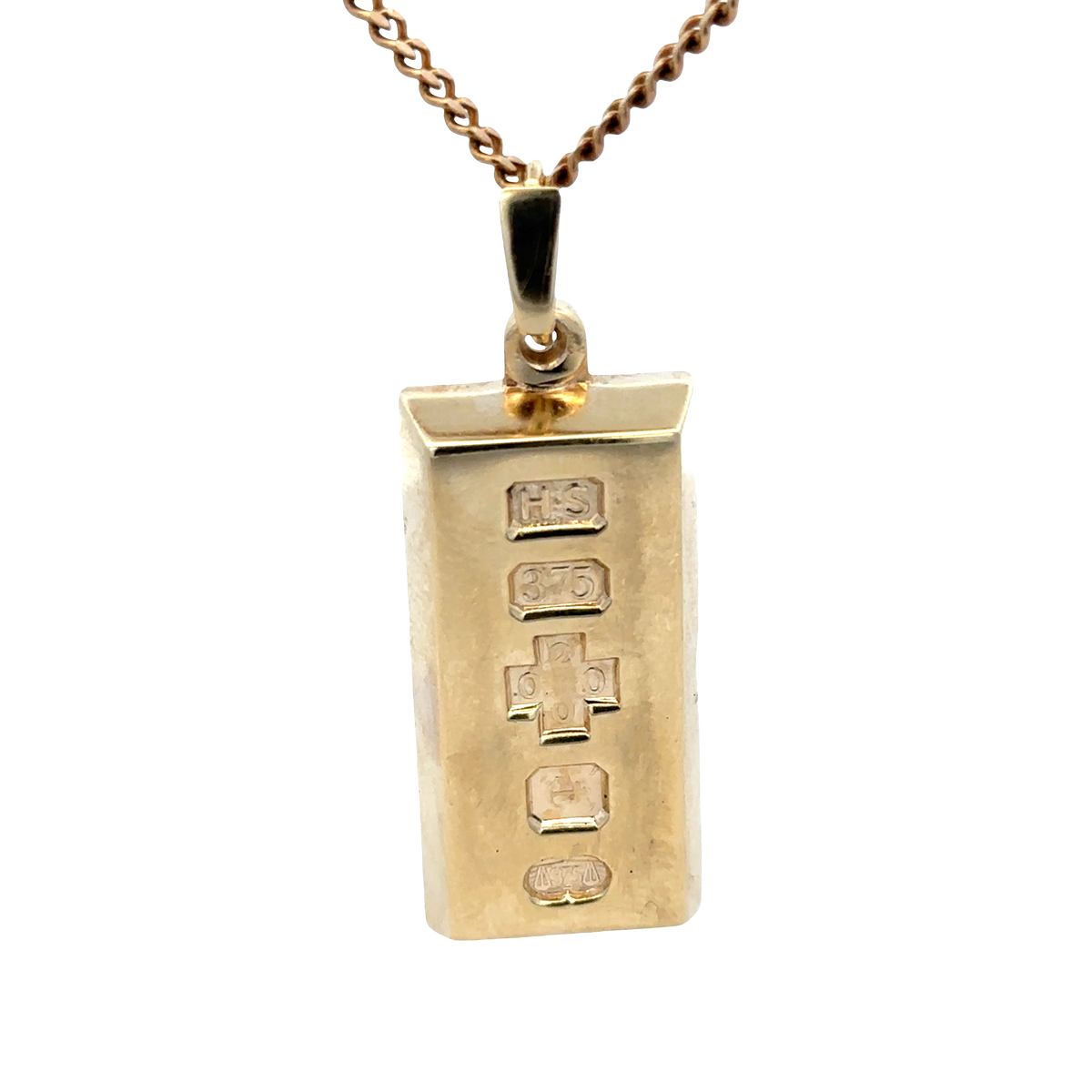 9ct yellow gold ingot pendant with Reeves and Sons branding, weighing 34.2g, shown in a detailed close-up image.