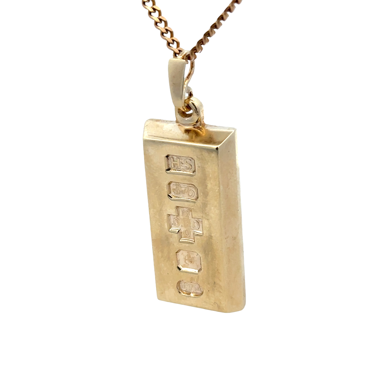 9ct yellow gold ingot pendant with Reeves and Sons branding, 34.2g, showcasing a polished gold ingot design.
