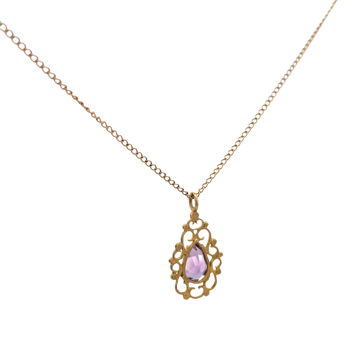9ct yellow gold chain and amethyst pendant 3g (sh26889b)