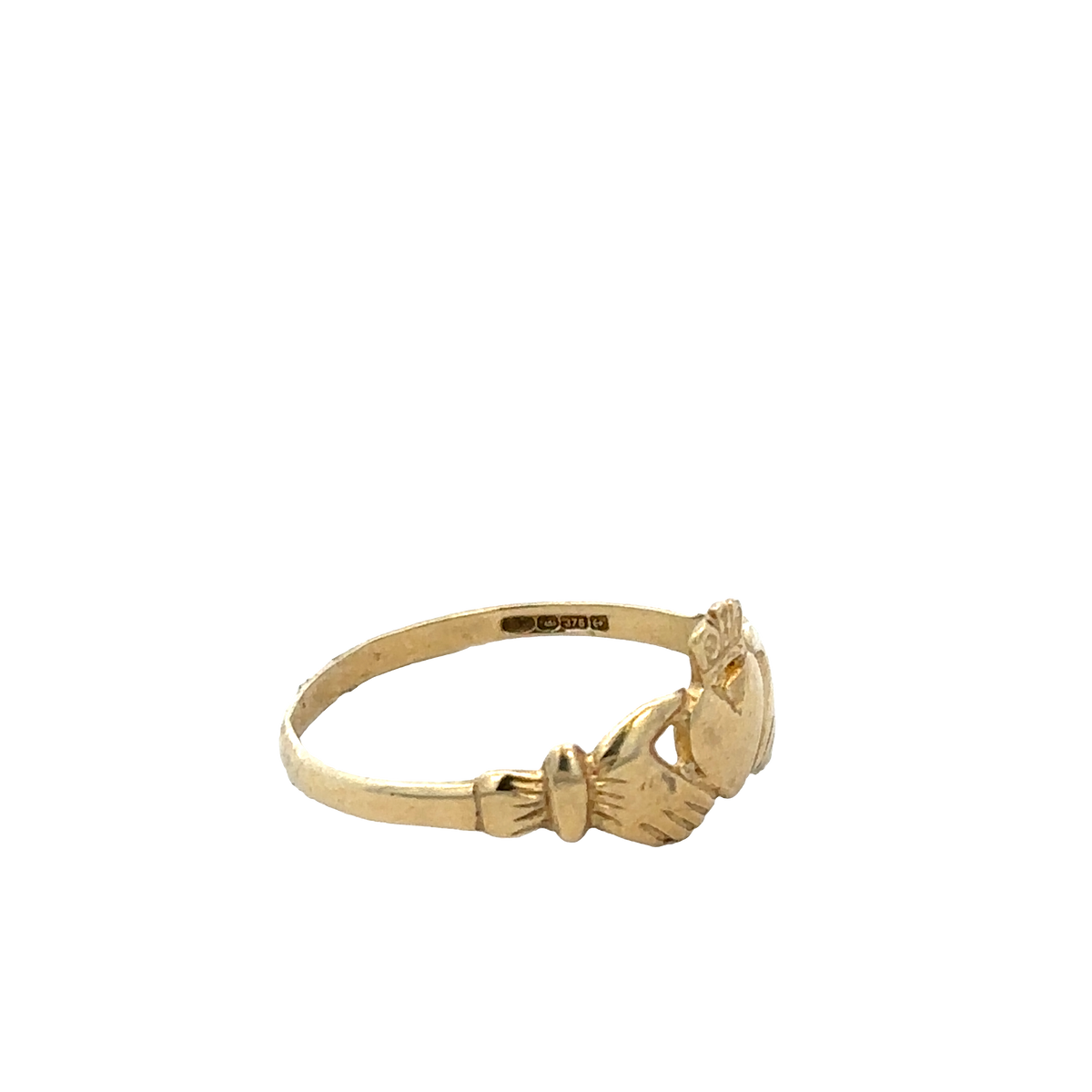 9ct yellow gold Claddagh ring in size N1/2, featuring detailed heart and crown design, crafted by Reeves and Sons.