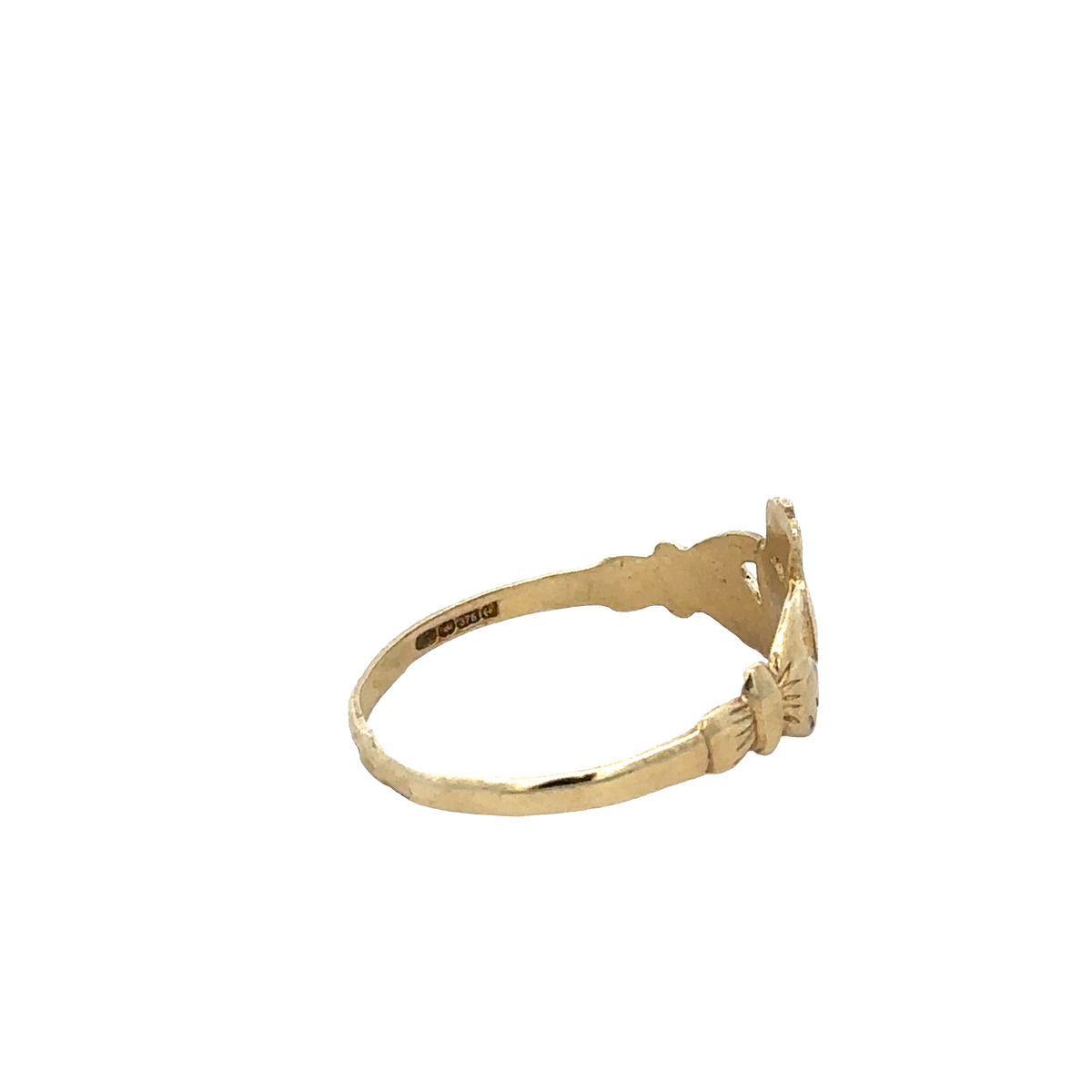 9ct yellow gold Claddagh ring in size N1/2 by Reeves and Sons, featuring intricate design and traditional Irish symbolism.