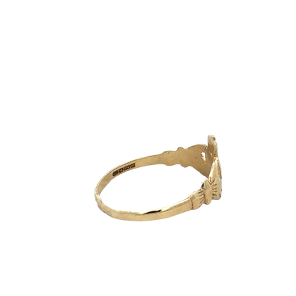 9ct yellow gold Claddagh ring in size N1/2 by Reeves and Sons, featuring intricate design and traditional Irish symbolism.
