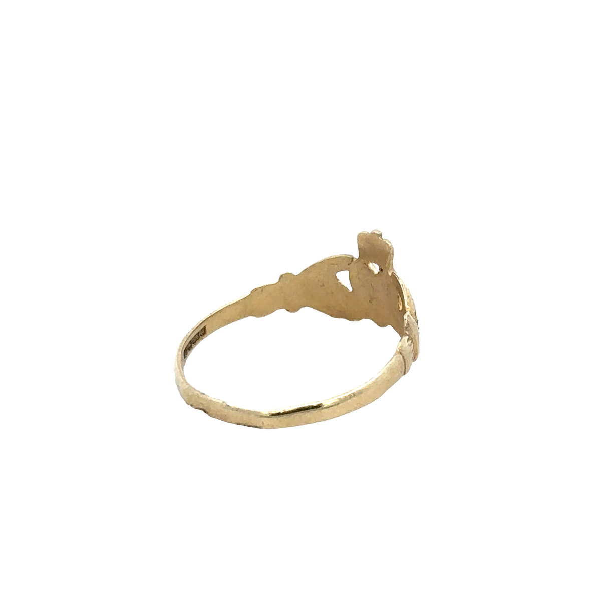 9ct yellow gold Claddagh ring in size N1/2 by Reeves and Sons, featuring intricate heart and crown design.