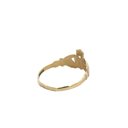 9ct yellow gold Claddagh ring in size N1/2 by Reeves and Sons, featuring intricate heart and crown design.