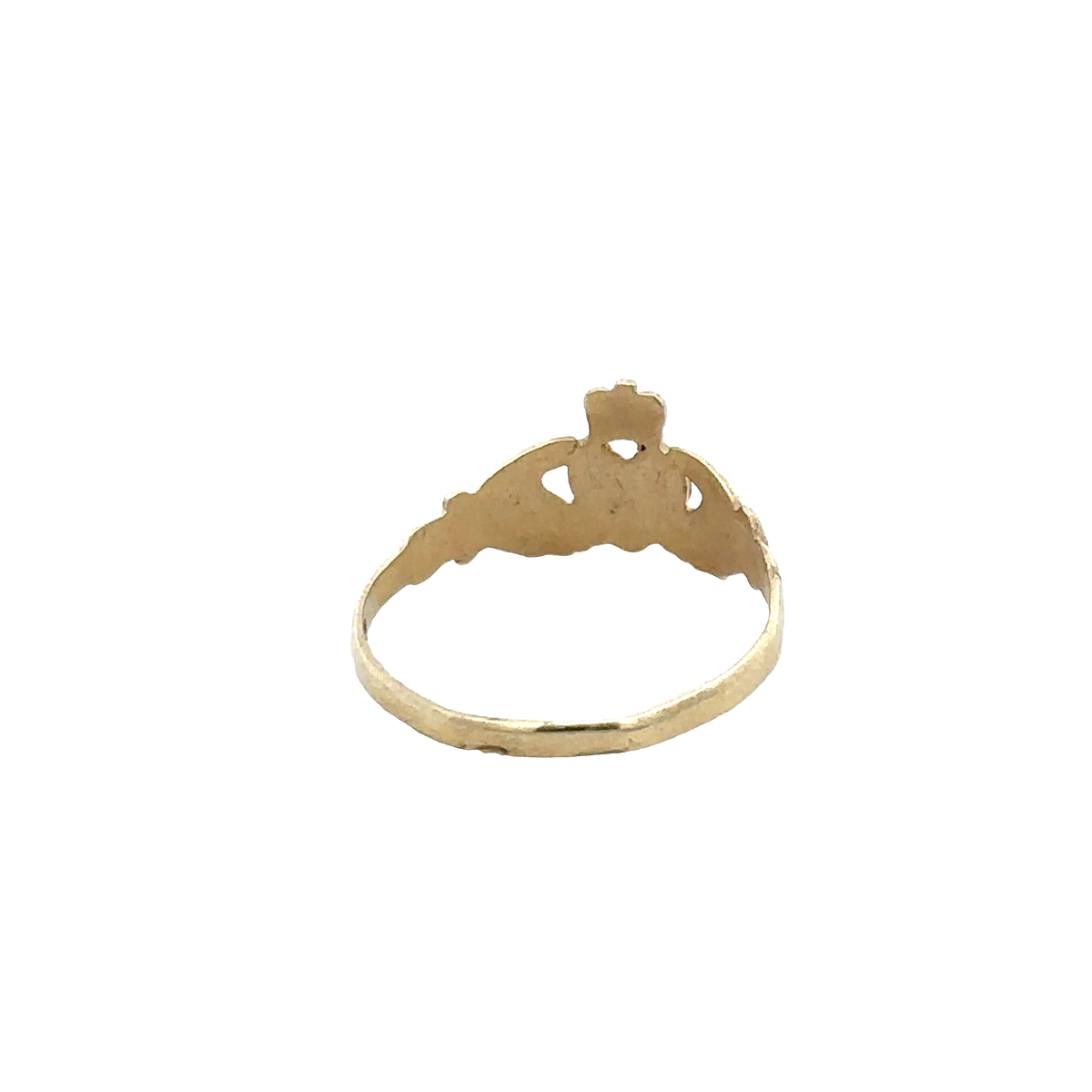 9ct yellow gold Claddagh ring in size N1/2 with detailed heart and crown design by Reeves and Sons.