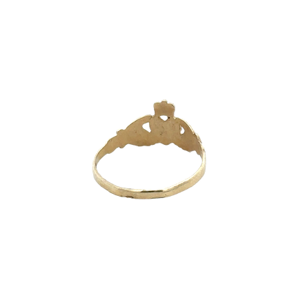 9ct yellow gold Claddagh ring in size N1/2 with detailed heart and crown design by Reeves and Sons.