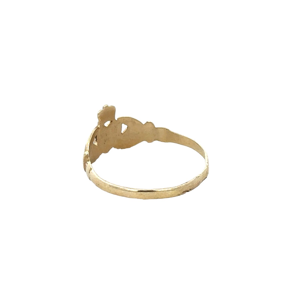 9ct yellow gold Claddagh ring in size N1/2 by Reeves and Sons, featuring detailed heart and crown design.