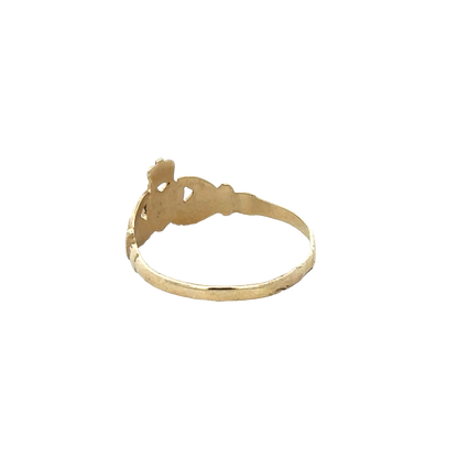 9ct yellow gold Claddagh ring in size N1/2 by Reeves and Sons, featuring detailed heart and crown design.