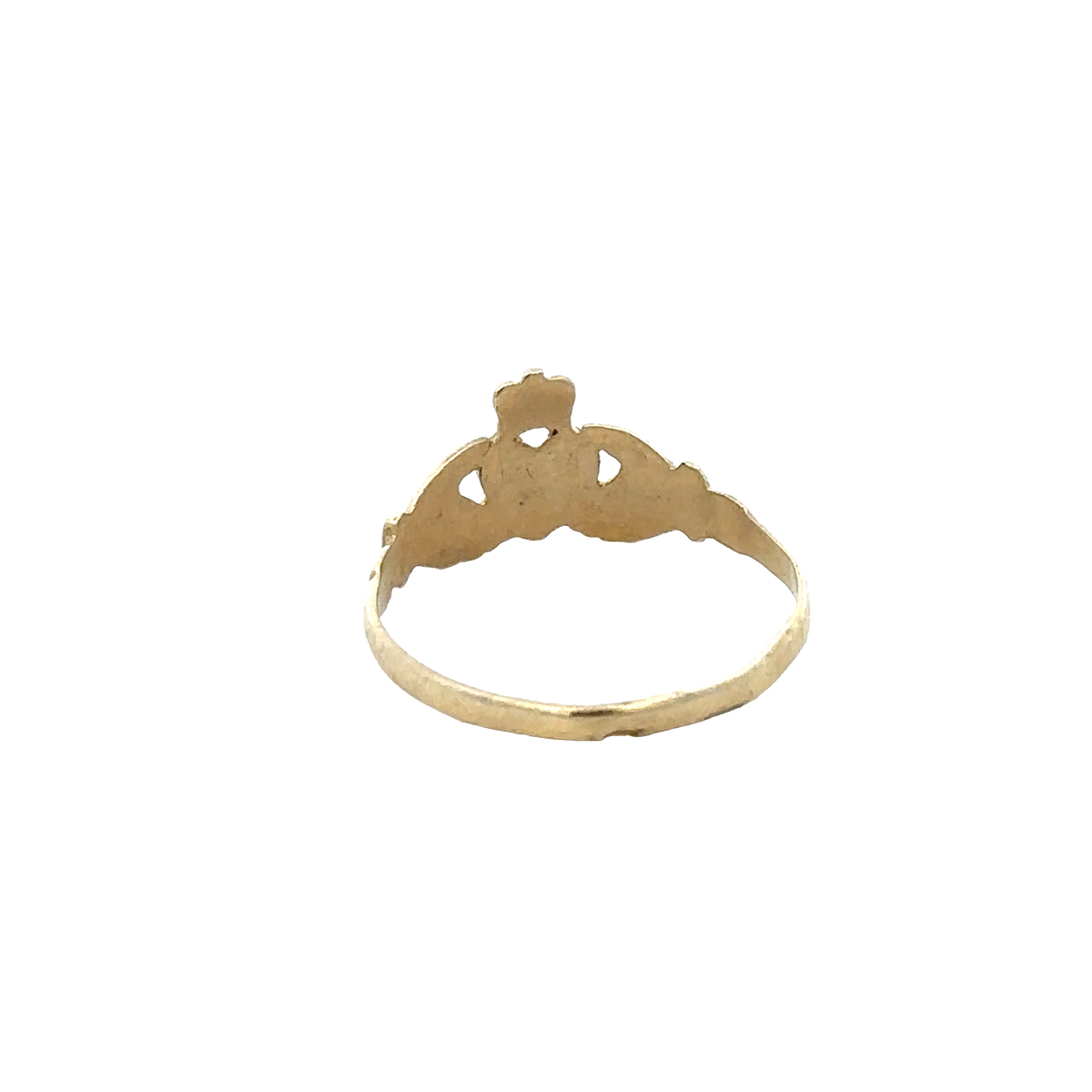 9ct yellow gold Claddagh ring in size N1/2 by Reeves and Sons, featuring intricate design and craftsmanship.
