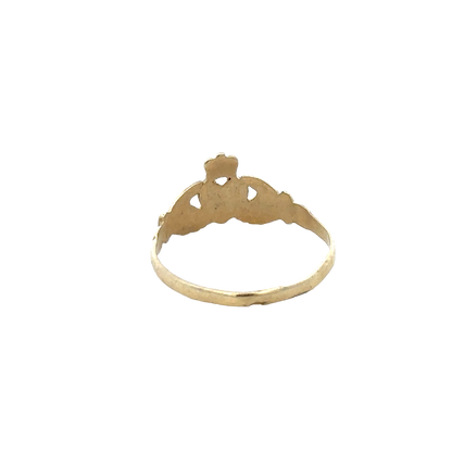 9ct yellow gold Claddagh ring in size N1/2 by Reeves and Sons, featuring intricate design and craftsmanship.
