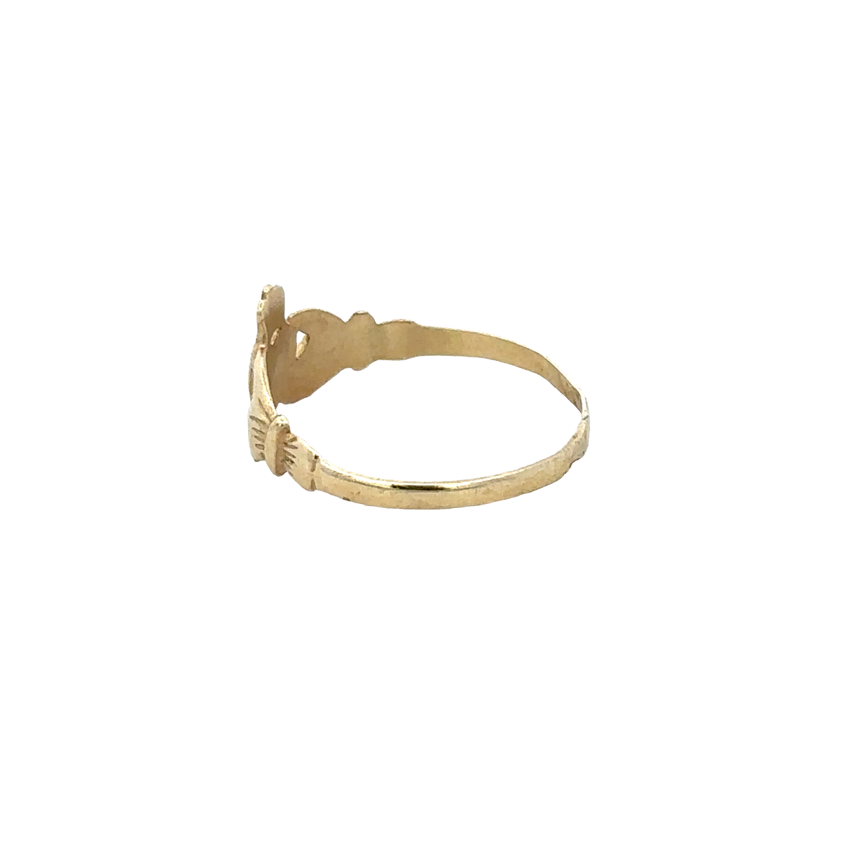 9ct yellow gold Claddagh ring with detailed heart and crown design, size N1/2, by Reeves and Sons.