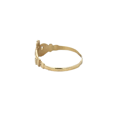 9ct yellow gold Claddagh ring with detailed heart and crown design, size N1/2, by Reeves and Sons.