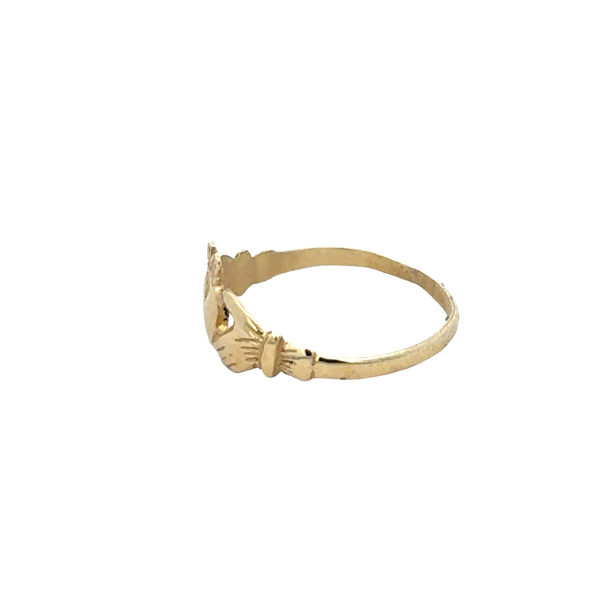 9ct yellow gold Claddagh ring in size N1/2 with detailed craftsmanship, featuring a heart, hands, and crown design.