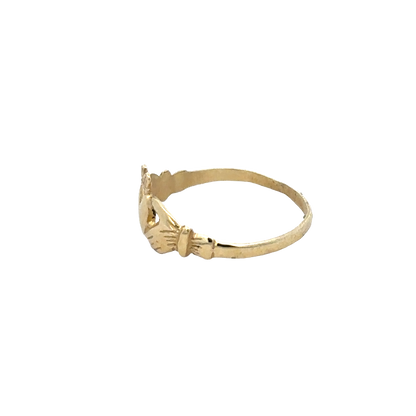 9ct yellow gold Claddagh ring in size N1/2 with detailed craftsmanship, featuring a heart, hands, and crown design.