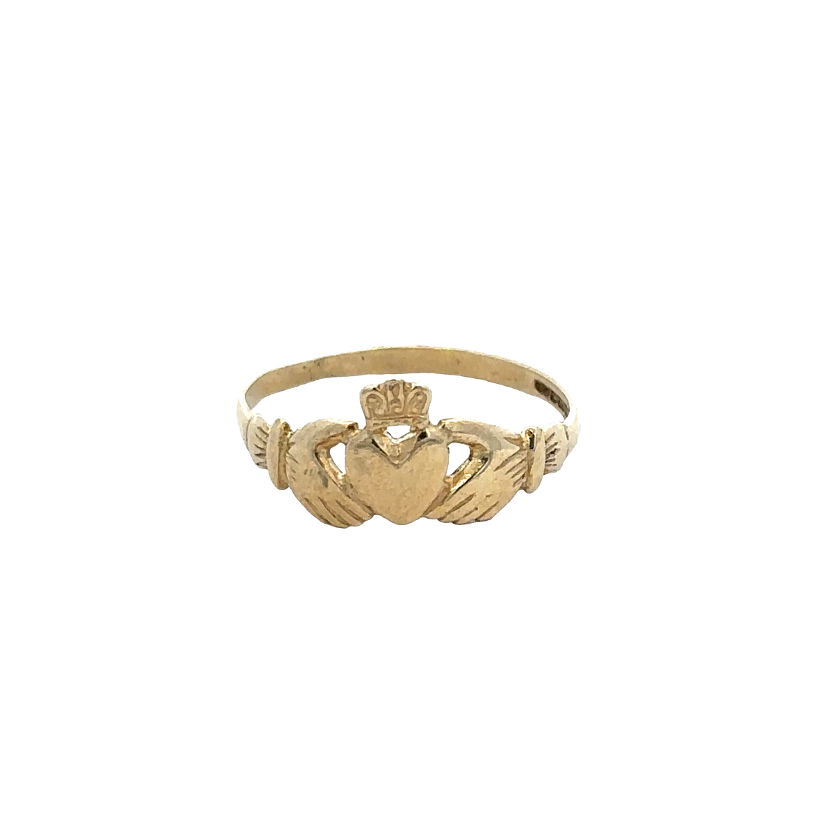 9ct yellow gold Claddagh ring in size N1/2 by Reeves and Sons, featuring intricate heart and hands design.