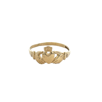 9ct yellow gold Claddagh ring in size N1/2 by Reeves and Sons, featuring intricate heart and hands design.