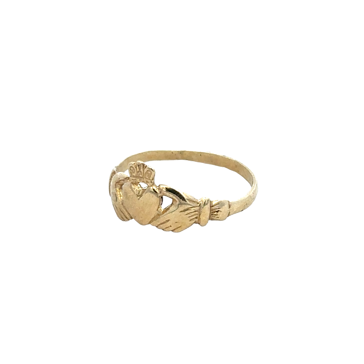 9ct yellow gold Claddagh ring in size N1/2 by Reeves and Sons, detailed heart and crown design, polished finish.