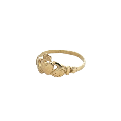 9ct yellow gold Claddagh ring in size N1/2 by Reeves and Sons, detailed heart and crown design, polished finish.